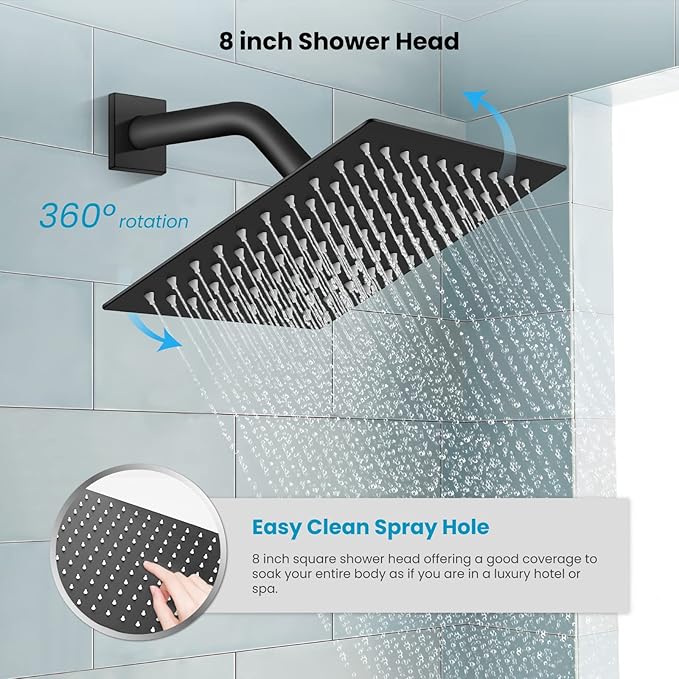 gotonovo Rainfall Tub Shower Faucet Set Bathroom Shower System with Tub Spout Wall Mount Square High Pressure Shower Fixtures with Handheld Sprayer Rough-In Valve 8'' Shower Head,Matte Black