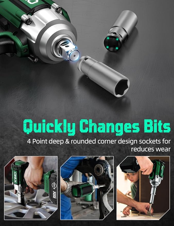 KIMO Cordless Impact Wrench, 550N.m/406ft-lbs, 7Sockets,3Inch Extension Bar, High Torque Brushless Wrench with 3/8" Chuck, 3000 RPM, 4000mAh Li-ion Battery, Charger, Power Impact Driver for Car