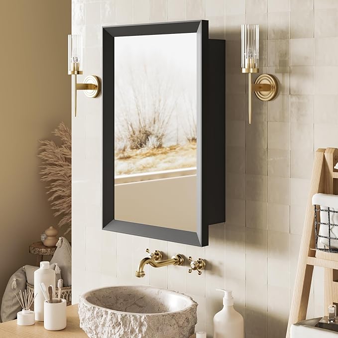 Retro-Style Medicine Cabinet with 17’’x27’’ Solid Wood Mirror Frame, Bathroom Recessed Wall Cabinet, Living Room Wood Storage Cabinet, Black