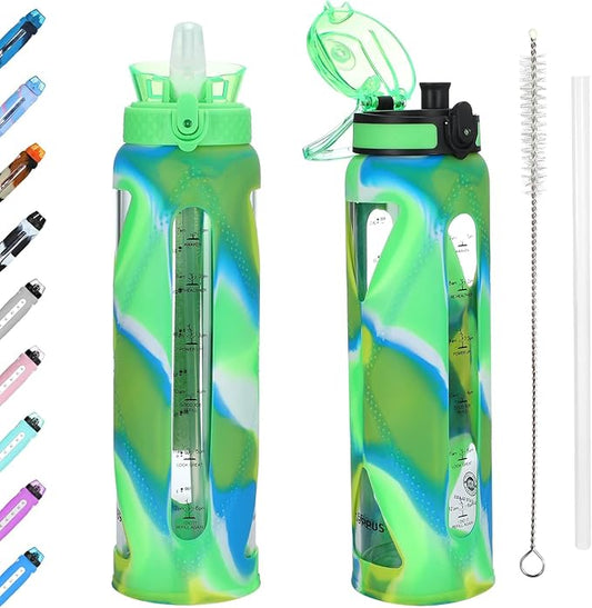 GOPPUS Glass Water Bottles with Straw and Flip Lid, Motivational Water Bottles with Time Marker Reminder and Silicone Sleeve, Leakproof, BPA Free (32 oz, Green Blue and White)