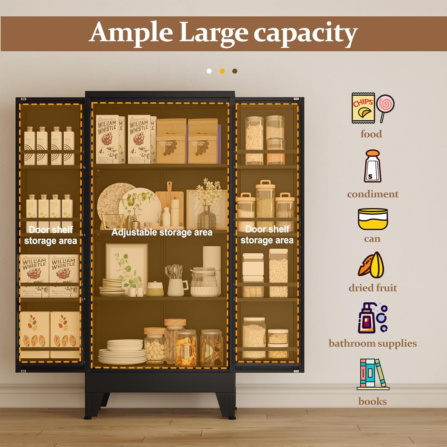 51" Metal Kitchen Pantry Cabinet, Storage Cabinets with 2 Door and 3 Adjustable Shelves, Black Freestanding Food Storage Cabinet, Steel Cupboard for Kitchen Dinning Room