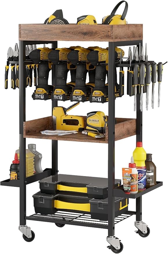 Power Tool Organizer Cart Metal Floor Standing Rolling Drill Rolling Tool Cart Box Organizer - 4 Layer Garage Storage Shelving with Wheels, for Workbench and Garage Gift for Men, Father.