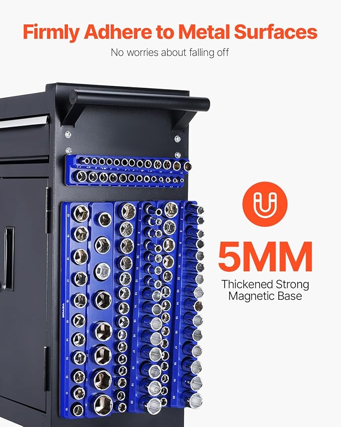 VEVOR Magnetic Socket Organizer Set, 8PCS Socket Holder, 1/4'', 3/8'' & 1/2'' Metric SAE Socket Trays with Clear Labels, Hold up to 199PCS Standard & Deep Sockets, Blaue & Red (Sockets Not Included)