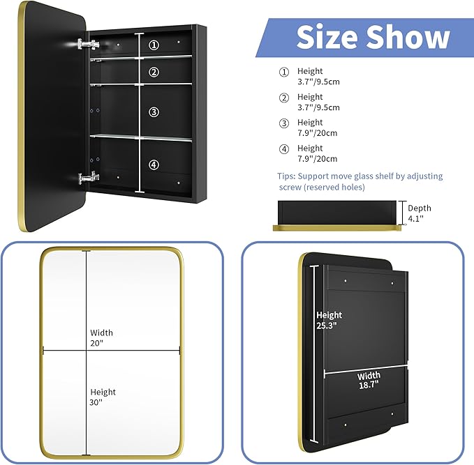 Bathroom Wood Black Cabinet with 20''x30'' Brushed Gold Metal Frame Curved Mirror, Recessed Medicine Cabinet, Bathroom Storage Cabinet