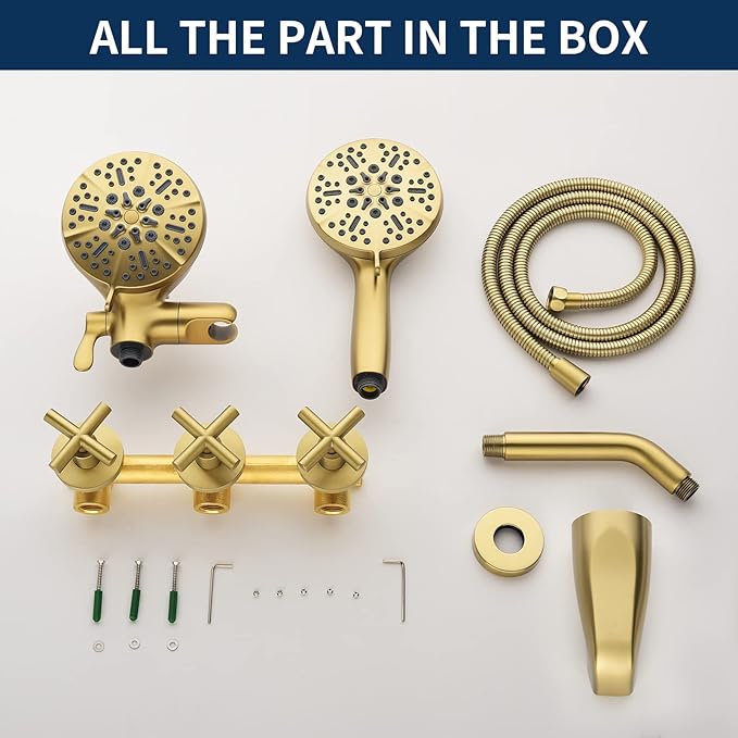 3 Handle Shower Faucet Set with Tub Spout Bathtub Shower Faucet Combo Set Shower System Complete Tub and Shower Trim Kit Shower Fixture Brushed Gold