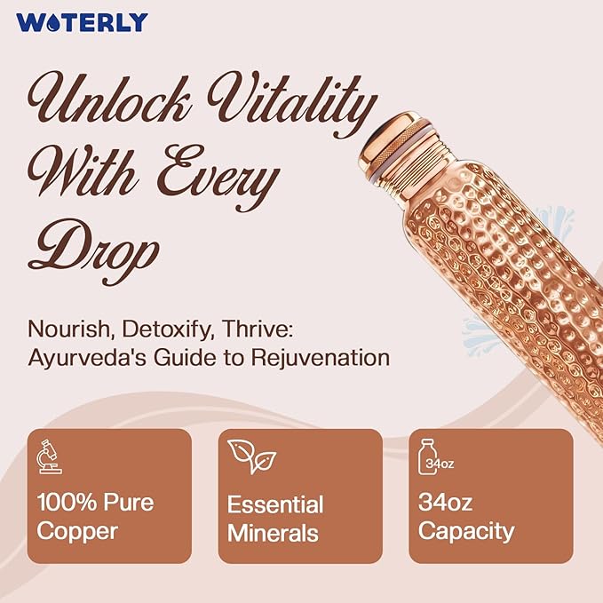 Hammered Copper Water Bottle With Set Of 2 Plain Tumbler | Premium Quality | Pure Authentic Copper Bottle (34 Oz /1000ml ) With Set 2 Copper Tumblers For Drinking