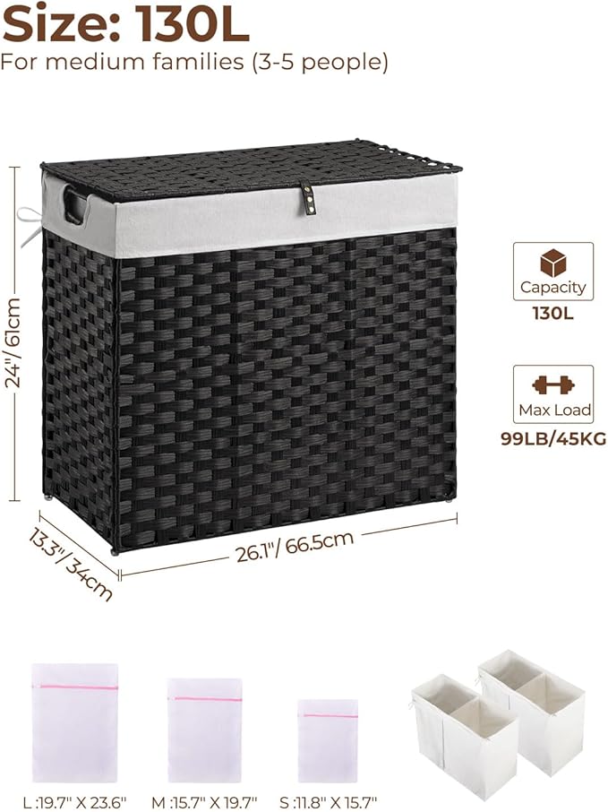 Greenstell Laundry Hamper with lid, No Install Needed, 130L Wicker Laundry Baskets Foldable 2 Removable Liner Bags, 2 Section Clothes Hamper Handwoven Rattan Laundry Basket with Handles, Black