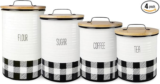Young's Inc. 4 Pcs Set Plaid with Bamboo Lids Ceramic Canisters- Storage Container for Kitchen and Bathroom - Beautiful Home Decor Accent to Store Food, Coffee, Tea, and More - Black, White