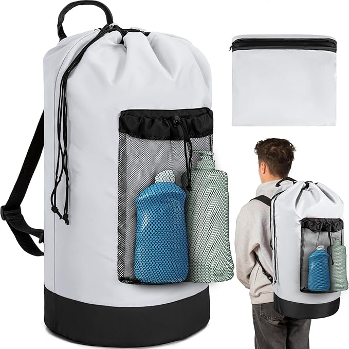 Laundry Bag Backpack with Shoulder Straps and Mesh Pocket Foldable Laundry Hamper for College, Apartment, Laundromat (White)