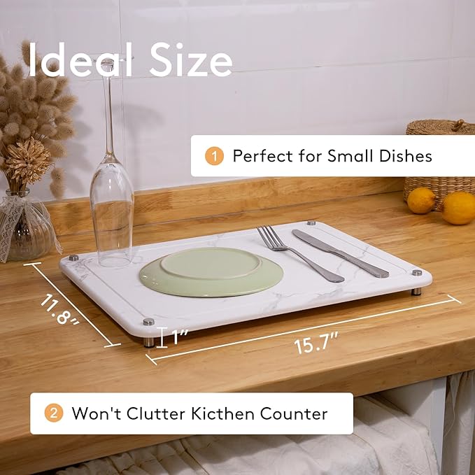 Stone Drying Mat for Kitchen Counter 15.7"x11.8" Marble White, Quick Dry Stone Dish Drying Mat with Legs, Drying Stone for Kitchen Counter Fits Various Dish Racks, Zero Rust Dish Drying Stone