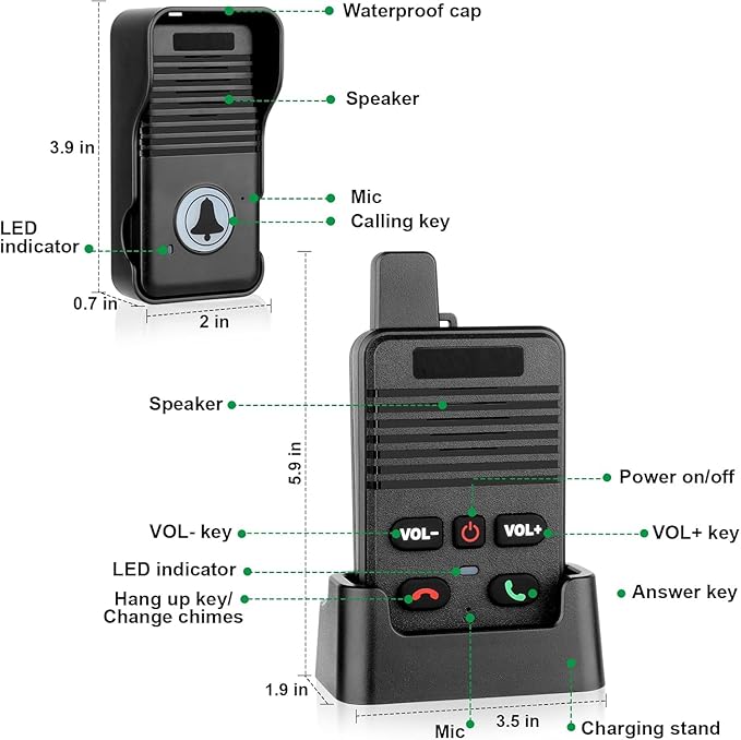 Wireless Door Bell, Full Duplex Long Range Wireless Doorbell, Waterproof 2 Way Communication Doorbell, 8 Volume Levels 4 Chime Wireless Doorbells For Home Business(Black, 2 Receiver, 1 Transmitter)