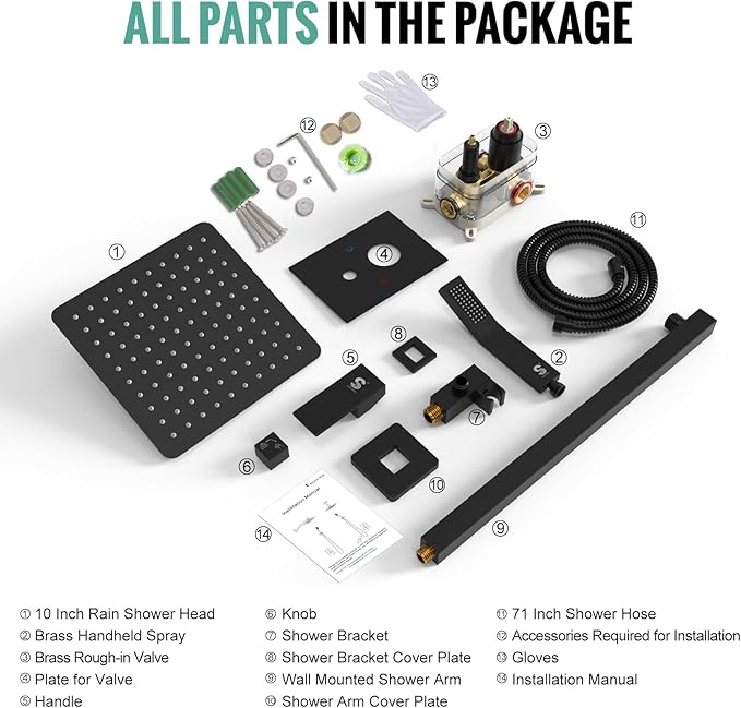 SR SUN RISE Black Square Rainfall Shower Head and Handle Set, Wall Mounted Shower Fixtures, Metal Shower Faucet Trim Repair Kits (With Shower Valve)