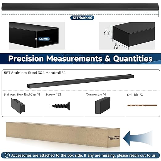 5FT Black Handrail with POM Connector, 2 Pack Stainless Steel T304 Rectangular Cable Railing Handrail Flat Deck Top Rail with Metal End Caps for Indoor Outdoor Deck Stair Cable Railing System