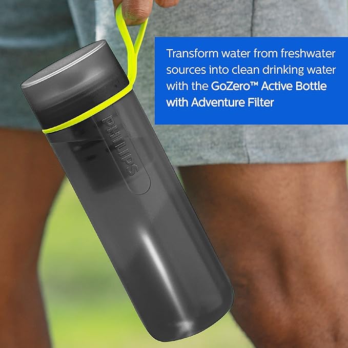 PHILIPS Water GoZero Active BPA-Free Water Bottle with River/Lake/Spring Water Filter for Hiking Camping, Sport Squeeze Water Bottle, Lightweight, Blue, 20 oz with Adventure Filter, Grey