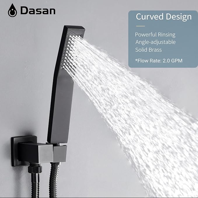 DASAN Full Body Shower System with 6 PCS Body Spray Jets & 12'' Rain Shower Head & Handheld, Ceiling Mount Rain Shower System Matte Black Shower Faucets Sets Complete with Valve, SA-SS03AMB-S12C2