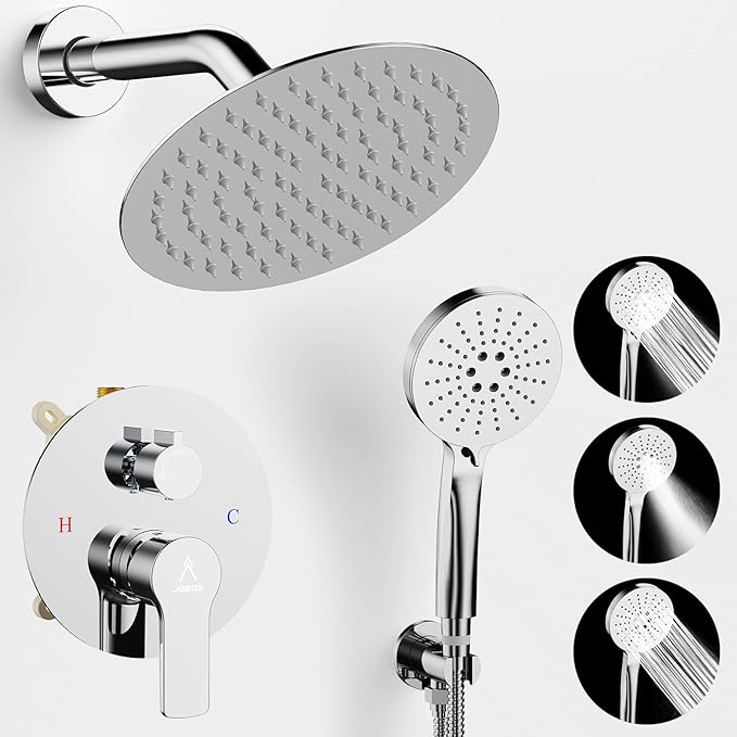 Shower Faucet Set 8IN Brass Rough-In Valve Body Trim Kit Rainfall Included Handle Accessories Complete 2 Functions with Rain Head and Handheld Bathroom Systems (8‘’, Chrome Polished)