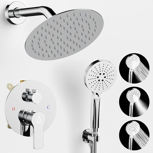 Shower Faucet Set 8IN Brass Rough-In Valve Body Trim Kit Rainfall Included Handle Accessories Complete 2 Functions with Rain Head and Handheld Bathroom Systems (8‘’, Chrome Polished)