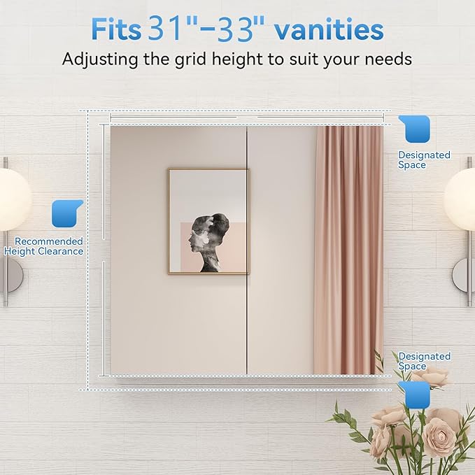 Sunrosa Aluminum Bathroom Medicine Cabinet with Mirror Door, 30"×27.5" Bathroom Mirror Cabinet, Wall-mountable and Recessed-in Mirror Cabinet, 2 Doors Medicine Cabinet Organizer II