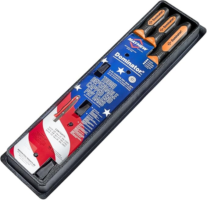 Mayhew Tools 14071OR Dominator Pro 3-Piece Pry Bar Set, 12", 17" & 25" Curved Pry Bars, Orange