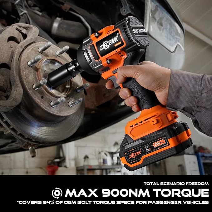 Brushless Cordless Impact Wrench, 1/2 Inch Driver, [REAL] 650Ft-lbs (900N.m), 21V MAX, Impact Gun with 2×4.0Ah Battery, Power Electric Wrench for Car Truck Tire/House/Mower