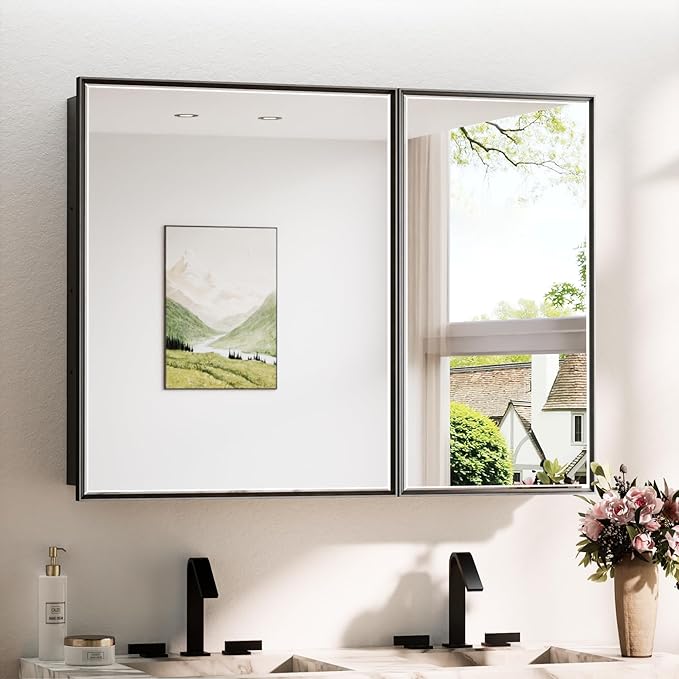 TokeShimi 40x30 Beveled Mirror with Storage Bathroom, Black Recessed Medicine Cabinet with Mirror Aluminum, Wall Mount Metal Recessed Medicine Cabinets for Bathroom