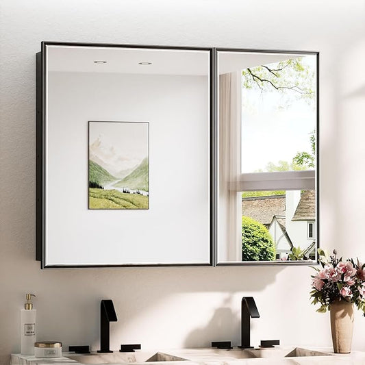 TokeShimi 40x30 Beveled Mirror with Storage Bathroom, Black Recessed Medicine Cabinet with Mirror Aluminum, Wall Mount Metal Recessed Medicine Cabinets for Bathroom