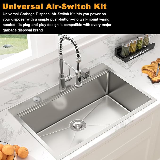 Garbage Disposal Air Switch Kit - UL Certified Sink Top Switch with Long 3.5" Brass Button by UHOUSING, Complete All-in-One Kit for All Disposals (Chrome)