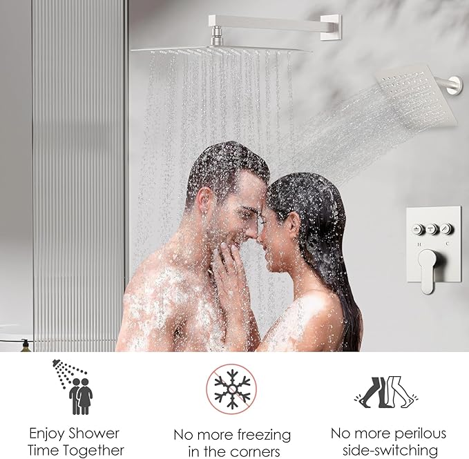 Shower System Dual Head，STARBATH 12+6" Rainfall Shower Head and Handheld Spray, Wall Mounted 3 Way Shower Faucet Set with Push Button Pressure Balance Valve and Trim Kit Brushed Nickel