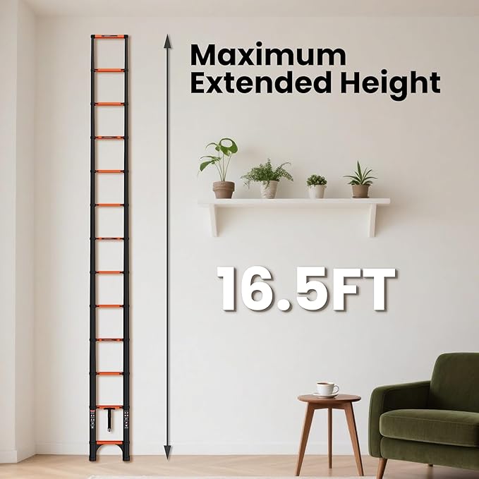 16.5 FT Telescoping Ladder, Aluminum Extension Ladder, 330 lbs Load Capacity, Multi-Purpose Collapsible Ladder for Home and Work; Orange