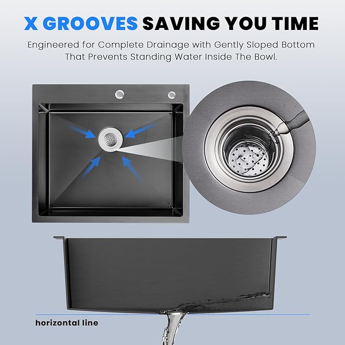 POPFLY 25x22 Inch Drop In Black Kitchen Sink, 25 Inch Top Mount 9 Inch Deep Single Bowl Laundry Utility Stainless Steel Outdoor Sink