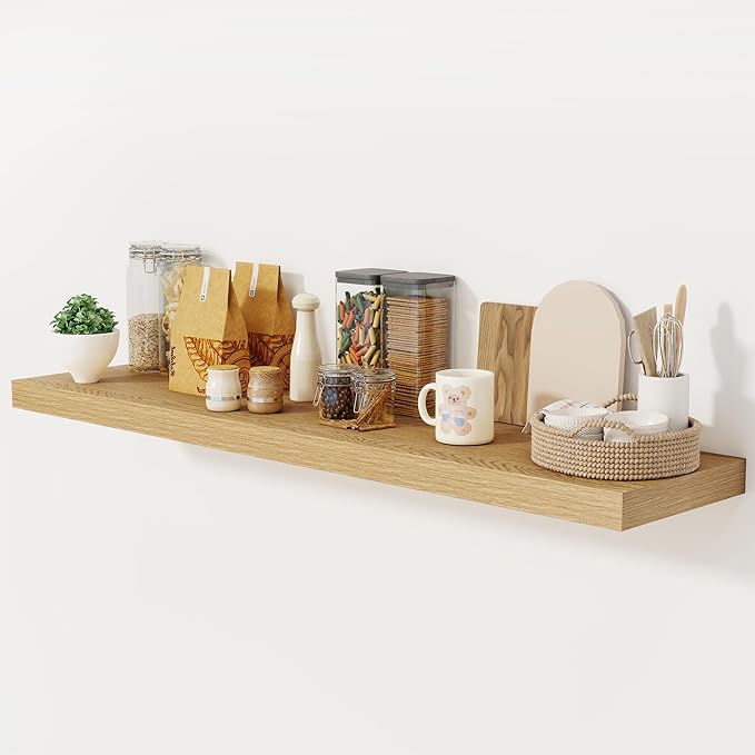 Fun Memories 55 Inch Floating Shelves, 12 Inch Deep Floating Shelf for Wall, 55 x 12 Large Floating Shelves for Fireplace Mantel, 2 Inch Thick Wall Shelf for Living Room, Bedroom, Oak Color, 1 Pack