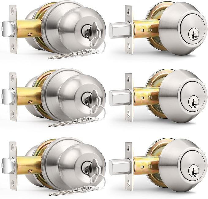 Probrico 3 Pack Exterior Door Knob and Single Cylinder Deadbolt Lock Combo Set, Brushed Nickel Front Door Handle with Lock and Key, Keyed Alike