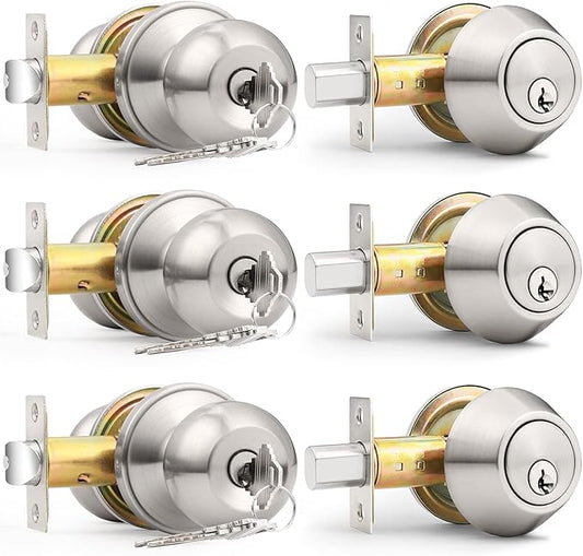 Probrico 3 Pack Exterior Door Knob and Single Cylinder Deadbolt Lock Combo Set, Brushed Nickel Front Door Handle with Lock and Key, Keyed Alike