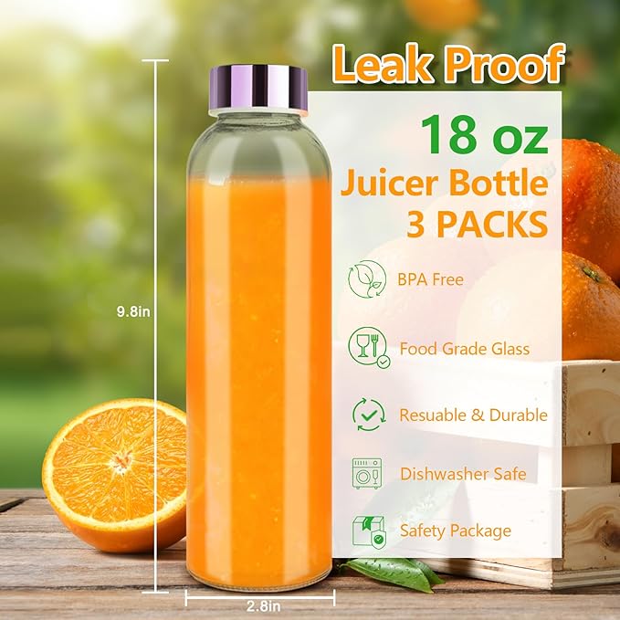 Glass Juice Bottles with Lids for Juicing 18 oz, Reusable Clear Glass Water Bottles with Stainless Steel Airtight Cap for Refrigerator, 100% Leak Proof, BPA Free, Set of 3, Pink
