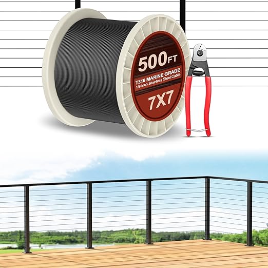 500FT T316 Marine Grade 1/8" Stainless Steel Cable Kit w/Cutter, 7x7 Strand,1850lb Breaking Strength Wire Rope Cable for Deck Railings,Ideal for Indoor/Outdoor Railings DIY Installation, MY15