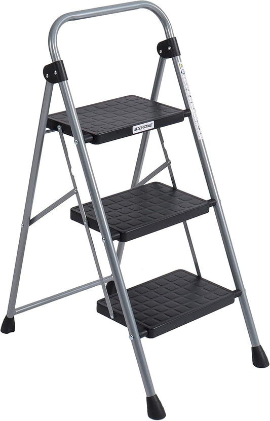 3-Step Ladder Folding Step Stool with Anti Slip Pedal and Handgrip Portable Sturdy Ladder for Home & Office 330 Lbs Silver Grey