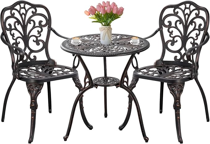 Bistro Set 3 Piece Outdoor Bistro Table and Chair Set of 2 Cast Aluminum Patio Furniture with Umbrella Hole,Patio Bistro Table Sets for Garden,Yard(Brown)