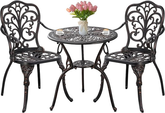 Bistro Set 3 Piece Outdoor Bistro Table and Chair Set of 2 Cast Aluminum Patio Furniture with Umbrella Hole,Patio Bistro Table Sets for Garden,Yard(Brown)