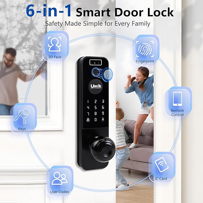 3D Face Recognition Smart Door Lock, Video Smart Lock with Camera&Doorbell, 6-in-1 Keyless Entry Door Lock for Front Door, APP Remote Control (Black)