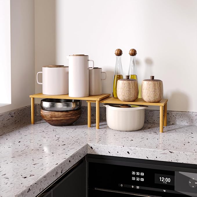 Cabinet Organizer Shelf(Set of 2),Kitchen Counter Shelves,Bamboo Stackable Expandable Spice Rack Countertop(Large)