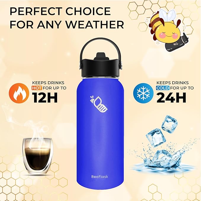 Sports Water Bottle - 32 Oz, 3 Lids (With straw), 50 Cute Stickers, Vacuum Insulated, 308 Stainless Steel, with a Portion of Sales Supporting Bee Conservation Efforts (Blue)