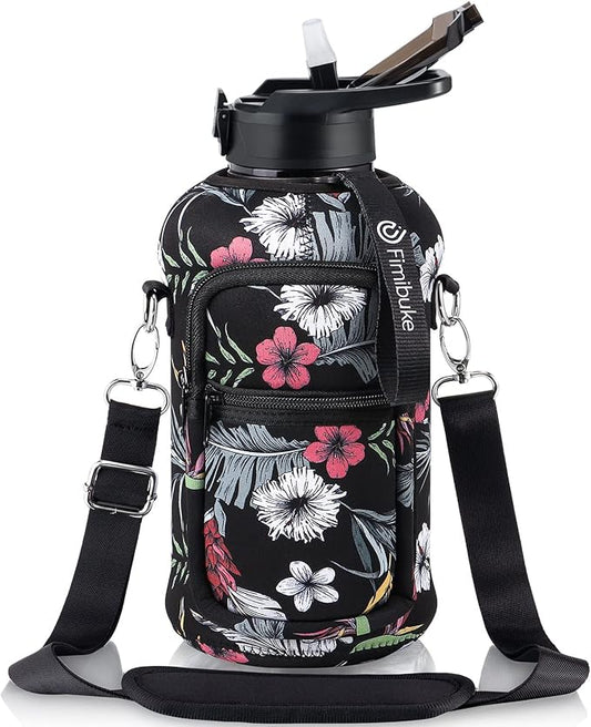 Fimibuke Half Gallon Water Bottle with Sleeve 64 OZ Water Bottle with Handle & Straw Leakproof Motivational Sports Gym Water Bottle with Time Marker BPA Free Water Jug with Reusable Neoprene Holder