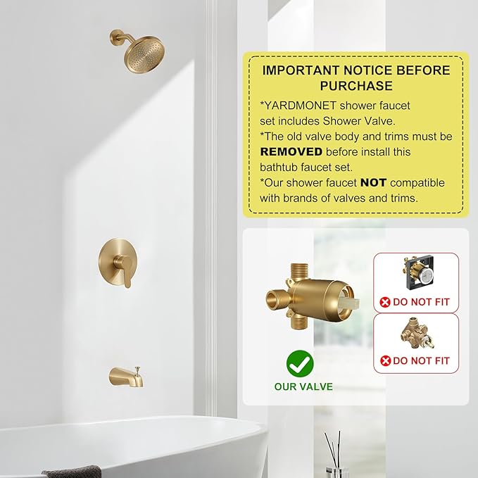 Tohlar Gold Shower Faucet Set with Tub Spout, Bathtub and Shower Faucet Combo Kit, 6-Inch Rain Shower Head and Faucet Set with Valve, Brushed Gold