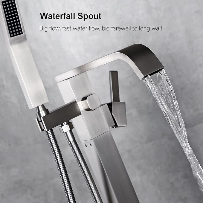 BAGNOLUX Solid Brass Floor Mount Bathtub Faucet Free Standing Tub Faucet Freestanding Tub Filler Brushed Nickel High Flow Rate Swivel Spout with Hand Shower, ‎YGSLT-FANG-BRUSHED NICKEL