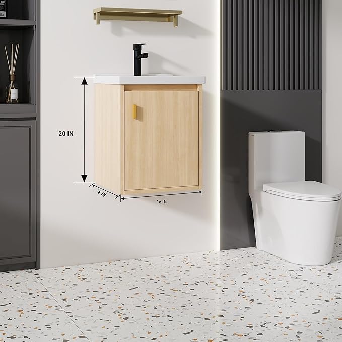 16'' Bathroom Vanity with Ceramic Sink Combo, Wall Mounted Small Bathroom Vanity with Soft-Close Door Modern Floating Cabinet, Pop-up Drain, P-Trap Included, Walnut(No Faucet)