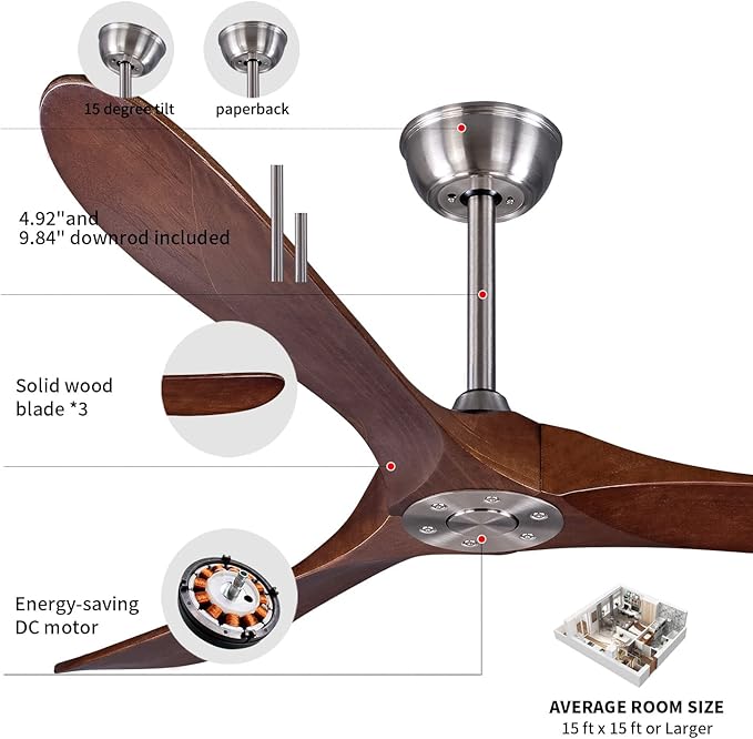 Bigzone 60" Ceiling Fan No Light, Energy Efficient DC Motor, 3 Brown Solid Wood Blades, Wood Ceiling Fan with Remote Control,Brushed Nickel Ceiling Fan With Reversible Blades