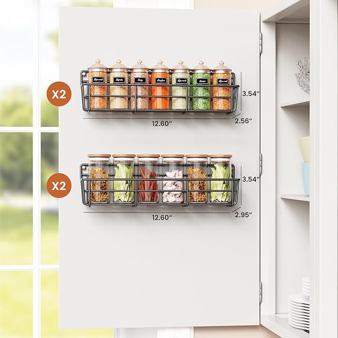 Spice Rack Organizer Wall Mount, Hanging Spice Pantry Storage Shelf Organization, 4 Pack Space Saving Seasoning Organizer for Kitchen Cabinet, Door or Bathroom, Black