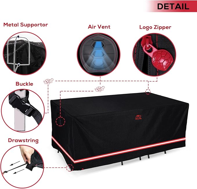 Turtle Life Patio Furniture Sets Cover, Heavy Duty Rectangular Durable Waterproof Outdoor UV Resistant Anti-Fading Dining Table Chairs Furniture Cover, Black, 72"L x 44"W x 29"H