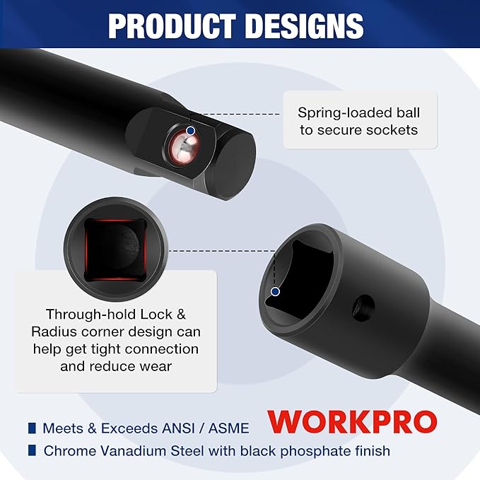 WORKPRO 9 PCS Socket Accessory Set, Includes 3/8" Impact Drive Extension Bar Set, 1/4", 3/8" & 1/2" Drive Universal Joints and Adapters, Premium Chrome Vanadium Steel with Black Phosphate Finish