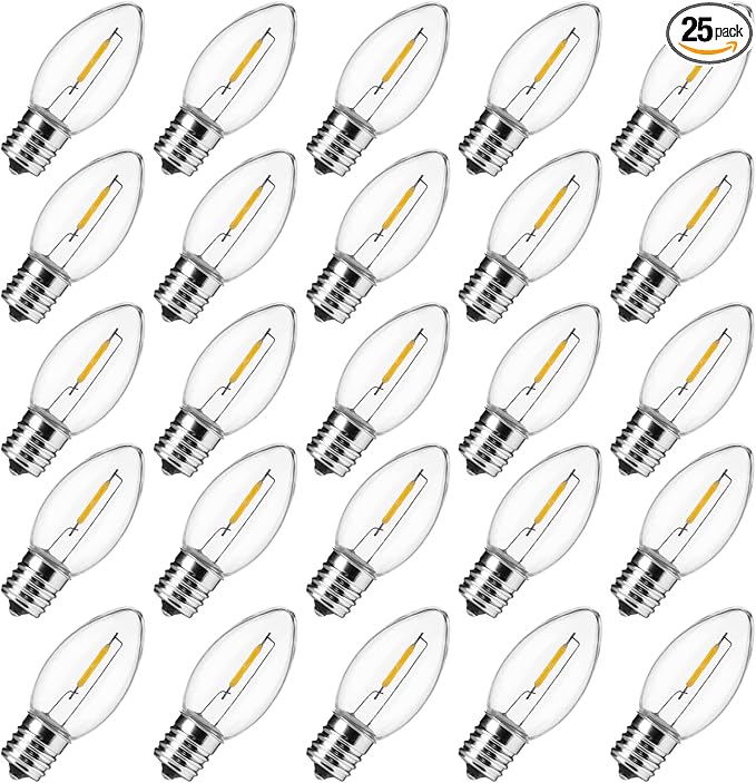 Brightown 25 Pack C9 LED Christmas Light Bulbs, Warm White Plastic C9 Shatterproof LED Bulbs Replacement for Christmas String Lights, E17 Intermediate Base,Commercial Dimmable Holiday Lights